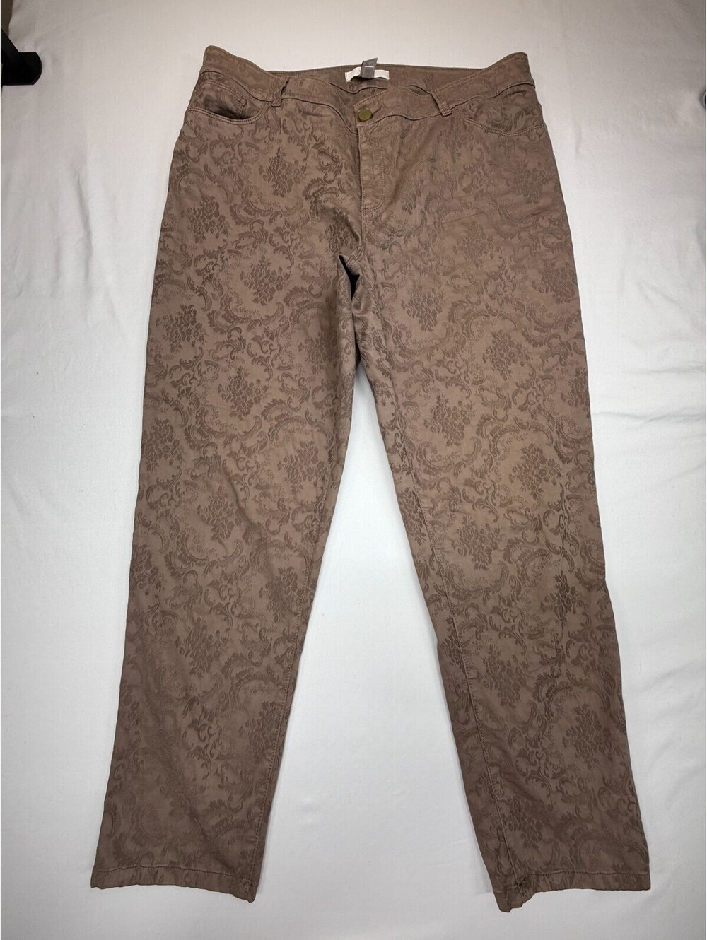 Chico's Women’s Pants Straight Floral Jacquard Flat Front Size 2.5 Brown